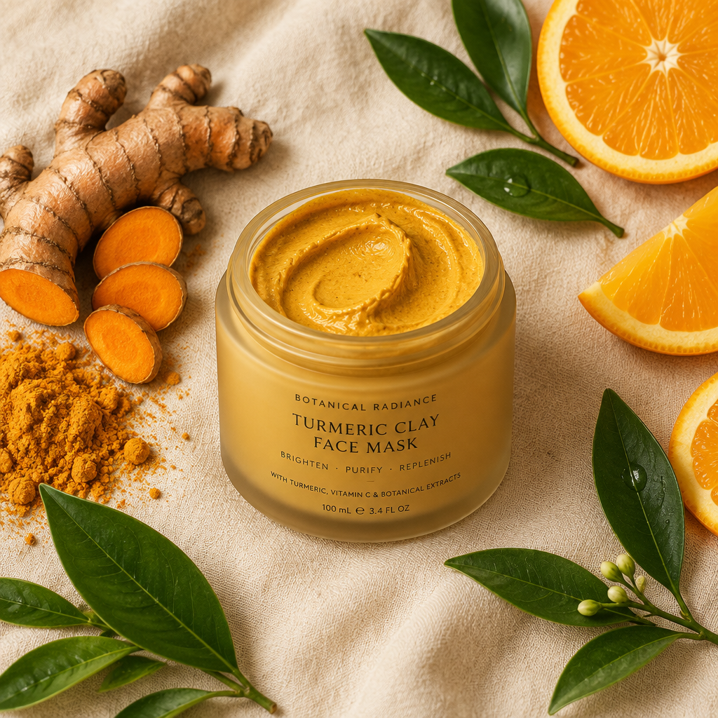 Turmeric vitamin C clay mask lifestyle flat lay with turmeric root and orange slices