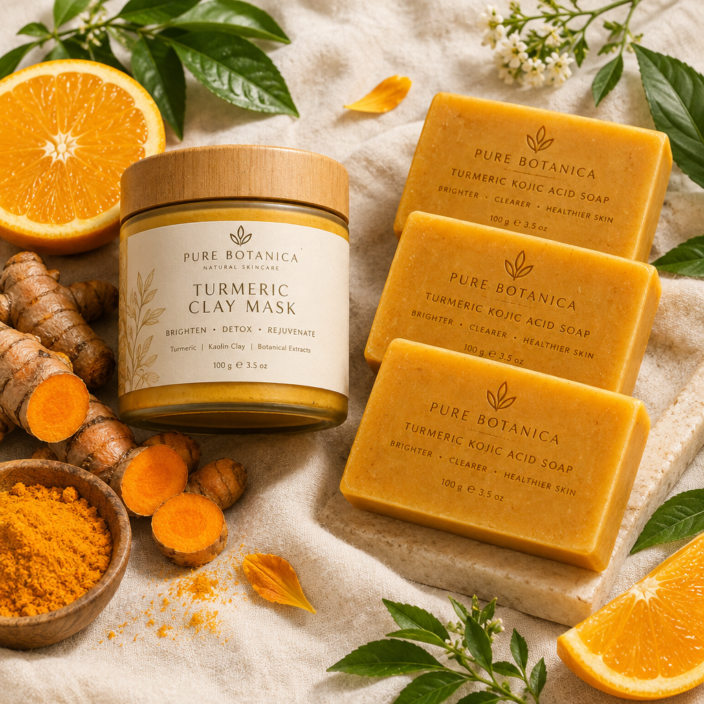 Pore Detox System bundle flat lay with turmeric clay mask and kojic acid soaps
