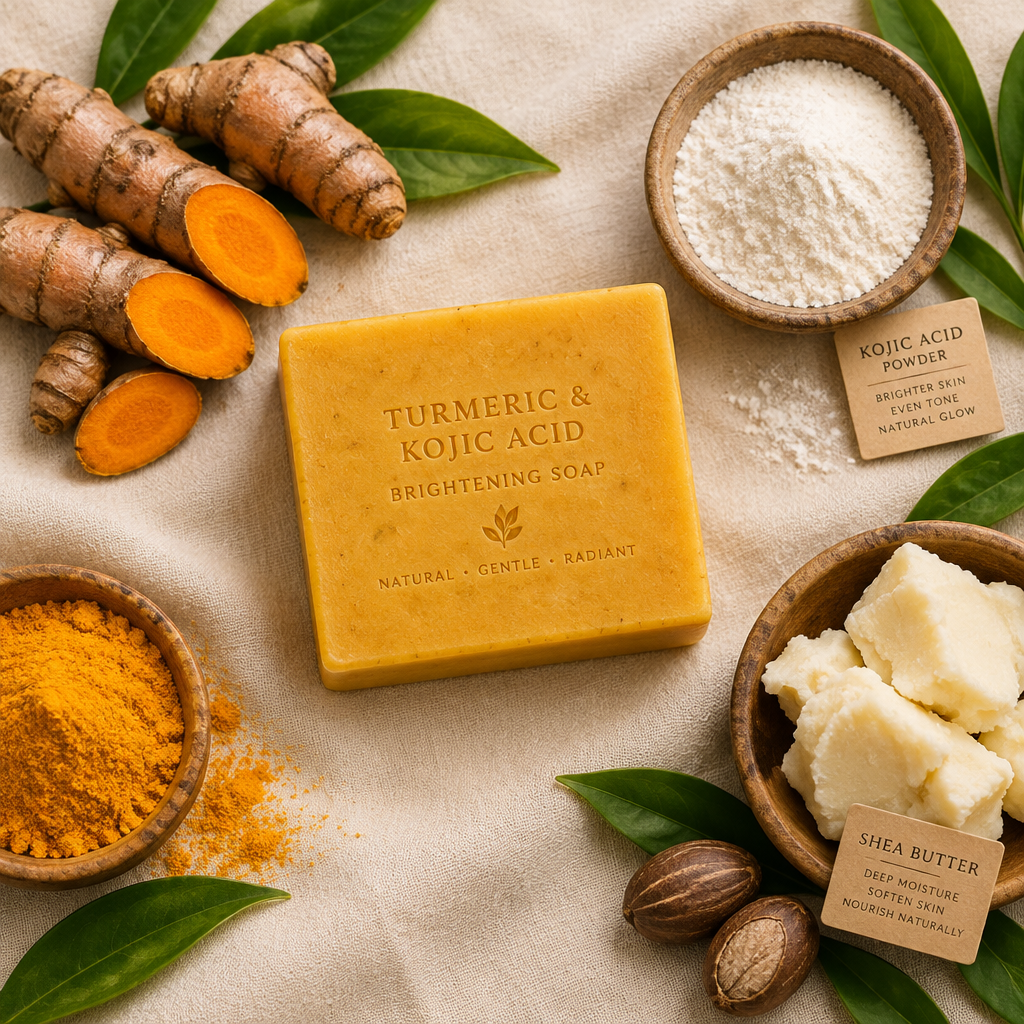 Turmeric kojic acid soap bar lifestyle flat lay with turmeric root and botanicals